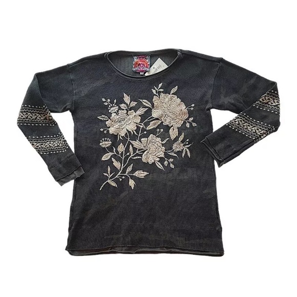 Johnny Was Magdalene Top Small Bold Embroidery on Thermal Waffle Camo Print NWT - Picture 7 of 13
